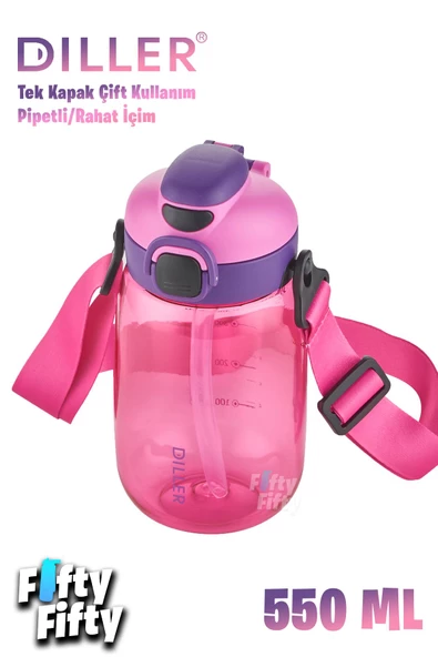 DILLER 550 ML Tek Kapak Çift Kullanım Pipetli/Pipetsiz Askılı Tritan Su Matarası-FFDILLERD70-550 - 12