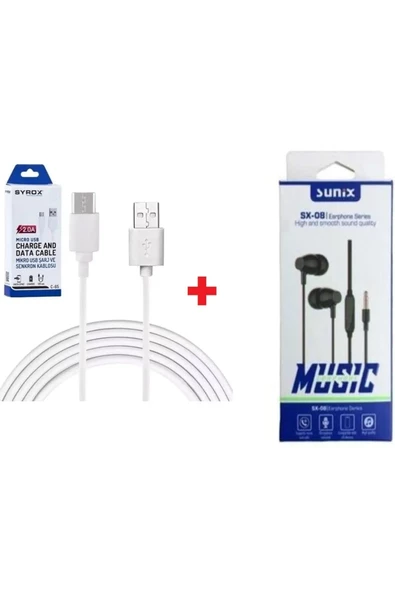 Syrox C85 Micro Usb 2.0 Amper Hızlı Şarj Kablosu İphone 100 Cm +sunix Sx-08 Kablolu Kulaklık