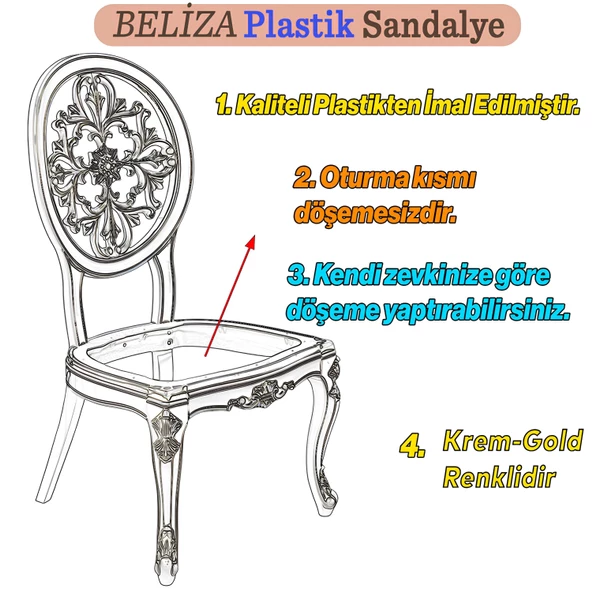 Beliza Sandalye Sert Plastik Krem Altın Gold Koltuk Bahçe Balkon Mutfak Yemek Masası Sandalyesi - 3