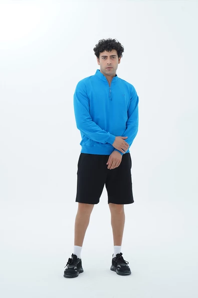 Mavi Yarım Fermuarlı Pamuklu Erkek Oversize Sweatshirt