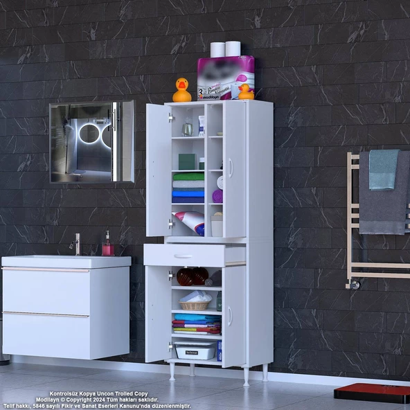 Modilayn YENİ AFRA 70 x 173 x 32,5 cm 1 Çekmece 4 Kapak 7 Raf 10 Bölme Çok Amaçlı Banyo & Mutfak Dolabı  - 3