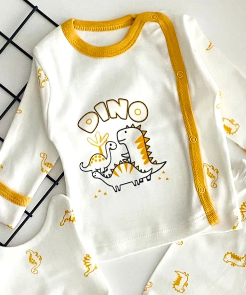 Neşeli Bebekler Dino Baskılı Önden Çıtçıtlı Kendinden Eldivenli Bereli Yeni Doğan Penye Takım - Resim 3