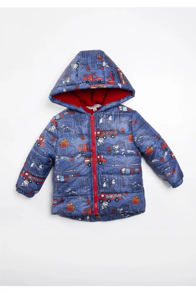 Trend İtfaiye Desenli Fermuar İçi Polar Astarlı Kapüşonlu Kışlık İçi Peluş Erkek Bebek Mont Şişme - 4