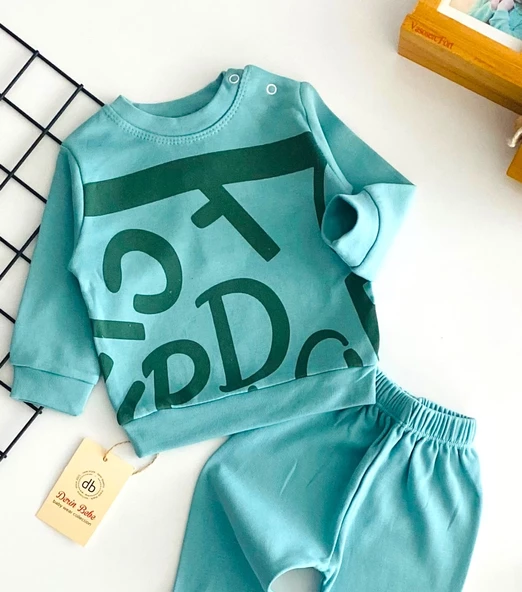 Neşeli Bebekler Harf Baskılı Yakadan Düğmeli Mevsmlik Takım Turkuaz - Resim 2