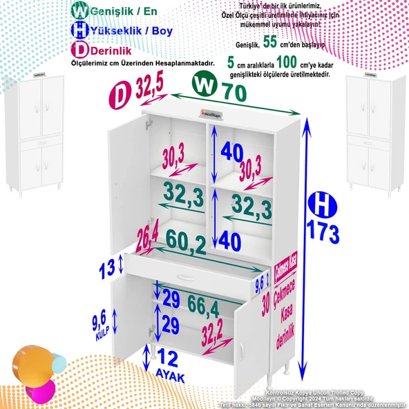 Modilayn YENİ AFRA 70x173x32,5 cm 1 Çekmece 4 Kapak 3 Raf 6 Bölme Çok Amaçlı Banyo & Mutfak Dolabı  - 4