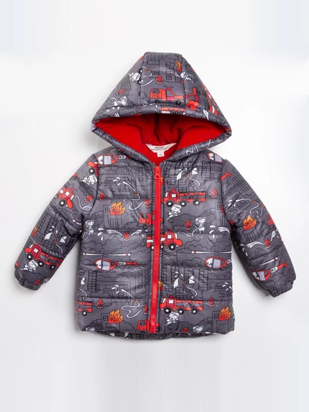 Trend İtfaiye Desenli Fermuar İçi Polar Astarlı Kapüşonlu Kışlık İçi Peluş Erkek Bebek Mont Şişme - 2
