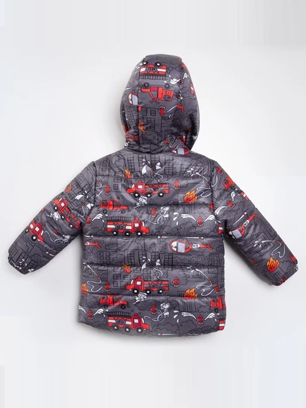 Trend İtfaiye Desenli Fermuar İçi Polar Astarlı Kapüşonlu Kışlık İçi Peluş Erkek Bebek Mont Şişme - 7