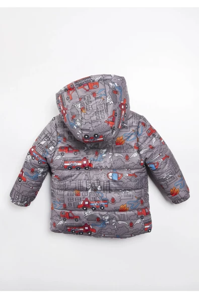 Trend İtfaiye Desenli Fermuar İçi Polar Astarlı Kapüşonlu Kışlık İçi Peluş Erkek Bebek Mont Şişme - 10