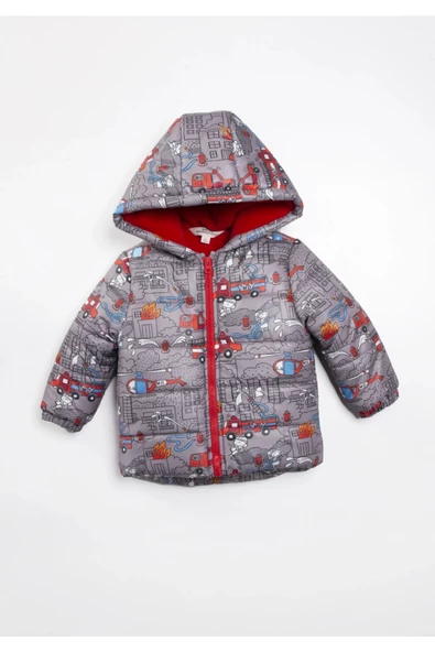 Trend İtfaiye Desenli Fermuar İçi Polar Astarlı Kapüşonlu Kışlık İçi Peluş Erkek Bebek Mont Şişme - 3