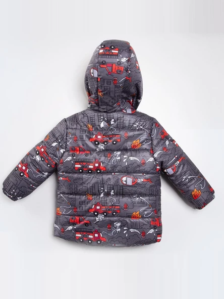 Trend İtfaiye Desenli Fermuar İçi Polar Astarlı Kapüşonlu Kışlık İçi Peluş Erkek Bebek Mont Şişme - 6