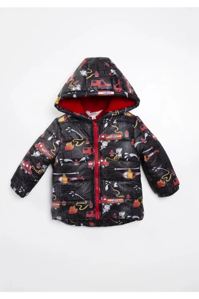 Trend İtfaiye Desenli Fermuar İçi Polar Astarlı Kapüşonlu Kışlık İçi Peluş Erkek Bebek Mont Şişme - 5