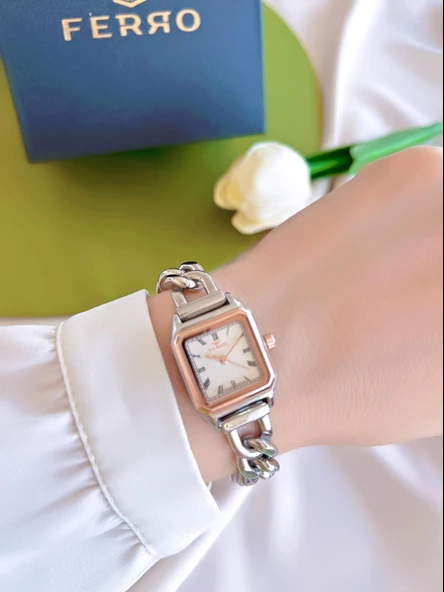 Ferro Retro Zincirli Özel Tasarım Çelik Kordon İyon Kaplama Kasa Kadın Kol Saati+Bileklik BFL40132-RS - 2