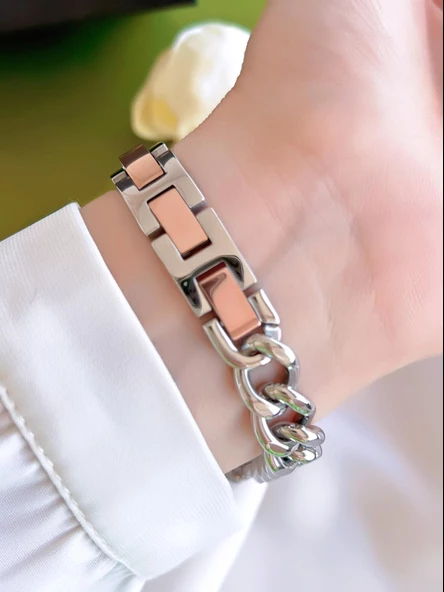 Ferro Retro Zincirli Özel Tasarım Çelik Kordon İyon Kaplama Kasa Kadın Kol Saati+Bileklik BFL40132-RS - 3