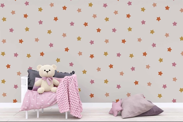 Pembe Yıldız Desenli Çocuk Odası Duvar Kağıdı Baskı - 5