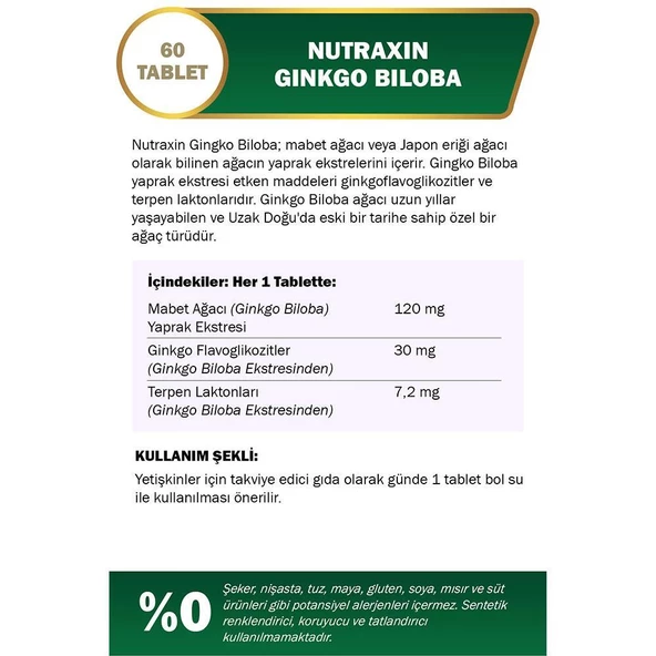 Nutraxin Herbal Ginkgo Biloba 120 mg - Resim 2