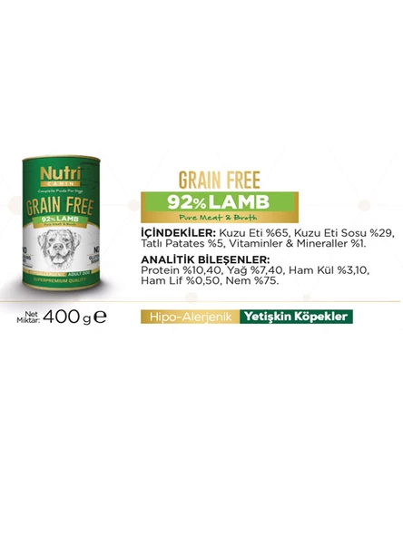 Nutri Canin 400Gr %92 Kuzu Etli Tatlı Patatesli Hipo Alerjenik Tahılsız 12Adet Yaş Köpek Maması - 7