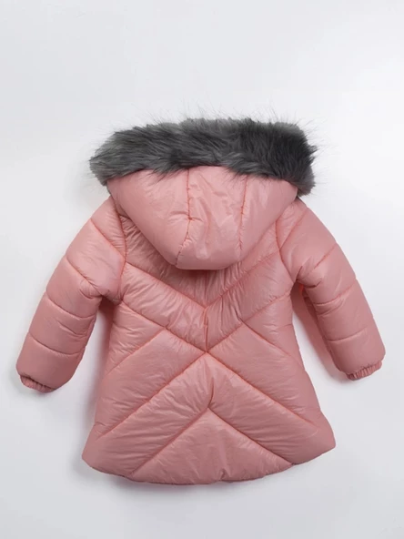 2-9 Yaş Uzun Fermuar Cepli Kapitone Kumaş Kapüşonlu Kışlık İçi Peluş Kız Bebek Çocuk Mont Şişme - 5