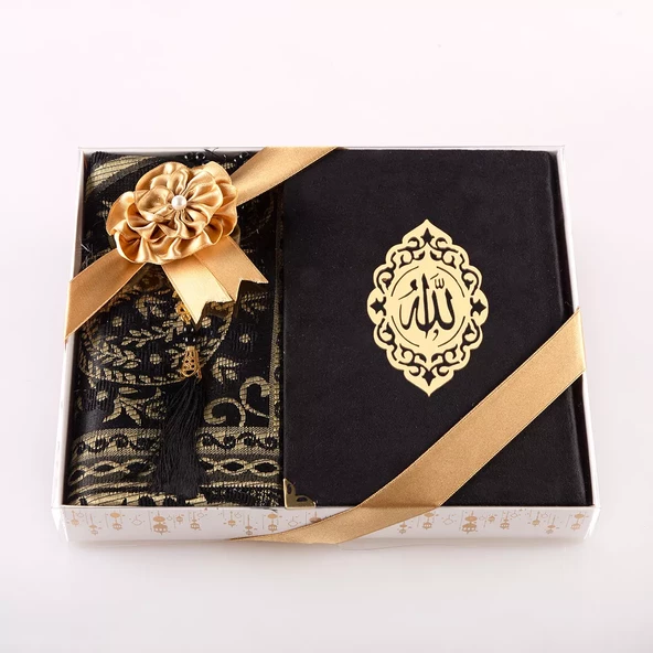 Seccade + Tesbih + Kuran Hediye Seti (Orta Boy, Kadife, Siyah, Lafzatullah) - 2