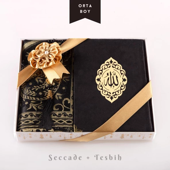 Seccade + Tesbih + Kuran Hediye Seti (Orta Boy, Kadife, Siyah, Lafzatullah)