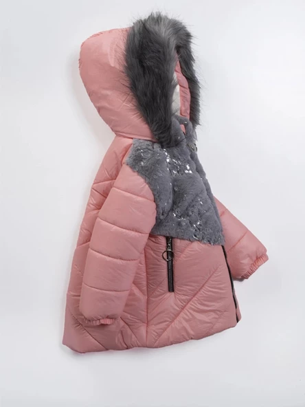 2-9 Yaş Uzun Fermuar Cepli Kapitone Kumaş Kapüşonlu Kışlık İçi Peluş Kız Bebek Çocuk Mont Şişme - 3