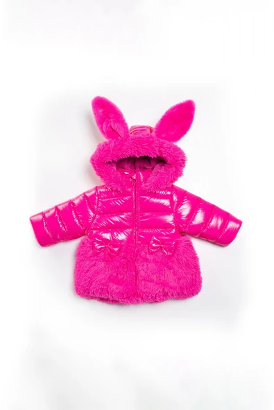 YENİ Tavşan Kulaklı Fiyonk Fermuar Leke ve Su Tutmaz Kapüşonlu Kışlık İçi Peluş Kız Bebek Mont Şişme - 3