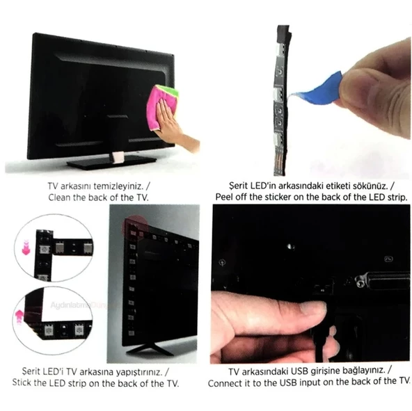 CATA USB Girişli Tv Arkası RGB Şerit Led Seti Kumandalı 3mt - 4