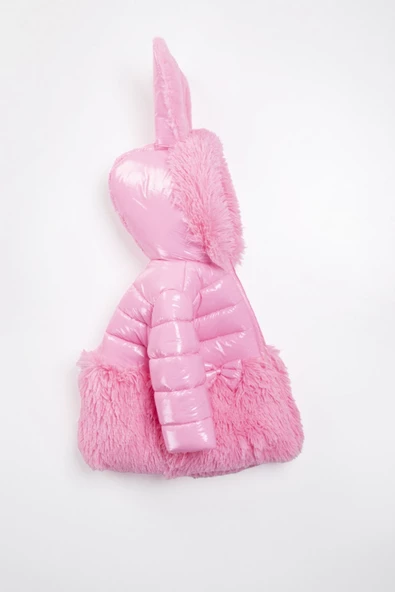 YENİ Tavşan Kulaklı Fiyonk Fermuar Leke ve Su Tutmaz Kapüşonlu Kışlık İçi Peluş Kız Bebek Mont Şişme - 4