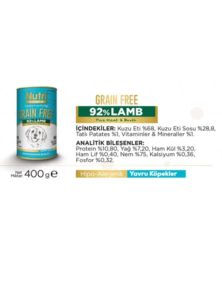 Nutri Canin 400Gr %92 Kuzu Etli Tatlı Patatesli HipoAlerjenik Tahılsız 4Adet Yavru Yaş Köpek Maması - 11