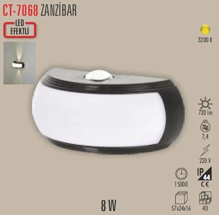 CATA Zanzibar Led Duvar Aplik 8w 3200K Günışığı IP54 Çift Taraflı Led Efektli - 3