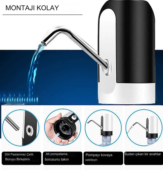 QASUL Otomatik Şarjlı Damacana Pompası Usb Su Damcana Şişelerine Uygun Ledli Tuşlu Damacana Pompa - 5