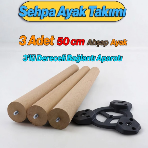 Ahşap Sehpa 3'lü Ayak Takımı 50 cm Zigon Puf Tabure Ayağı Masa Ayakları 50 cm Bağlantı Aparatı Dahil - 2