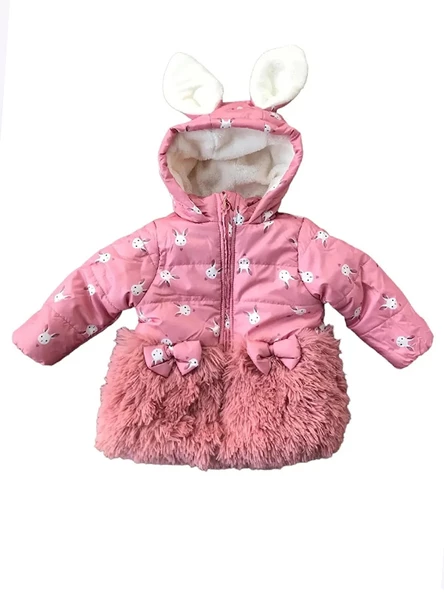 Trend Tavşan Detaylı Baskılı Fiyonk Kulaklı Fermuar Kapüşonlu Kışlık İçi Peluş Kız Bebek Mont Şişme - 2