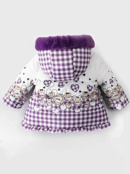Yeni Bear Baskılı Fırfır Detaylı Varaklı İçi Kürklü Kapüşonlu Kışlık İçi Peluş Kız Bebek Mont Şişme - 2