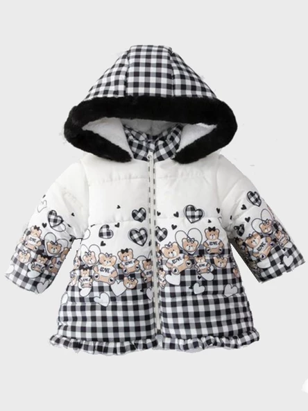 Yeni Bear Baskılı Fırfır Detaylı Varaklı İçi Kürklü Kapüşonlu Kışlık İçi Peluş Kız Bebek Mont Şişme - 5