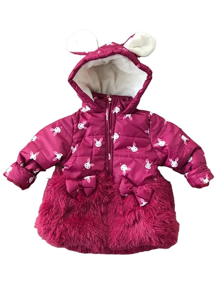 Trend Tavşan Detaylı Baskılı Fiyonk Kulaklı Fermuar Kapüşonlu Kışlık İçi Peluş Kız Bebek Mont Şişme - 3