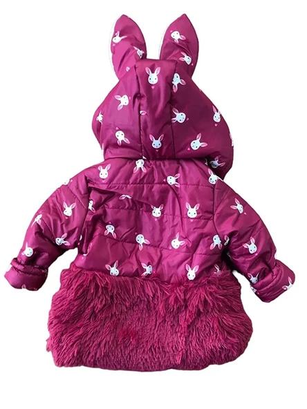 Trend Tavşan Detaylı Baskılı Fiyonk Kulaklı Fermuar Kapüşonlu Kışlık İçi Peluş Kız Bebek Mont Şişme - 8