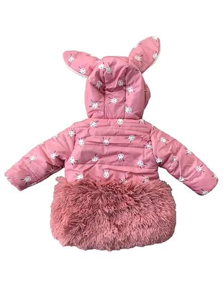 Trend Tavşan Detaylı Baskılı Fiyonk Kulaklı Fermuar Kapüşonlu Kışlık İçi Peluş Kız Bebek Mont Şişme - 6