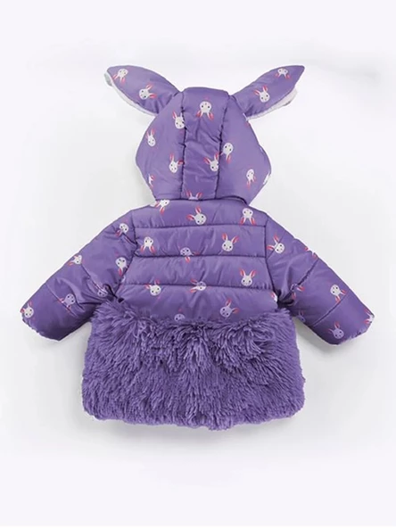 Trend Tavşan Detaylı Baskılı Fiyonk Kulaklı Fermuar Kapüşonlu Kışlık İçi Peluş Kız Bebek Mont Şişme - 4