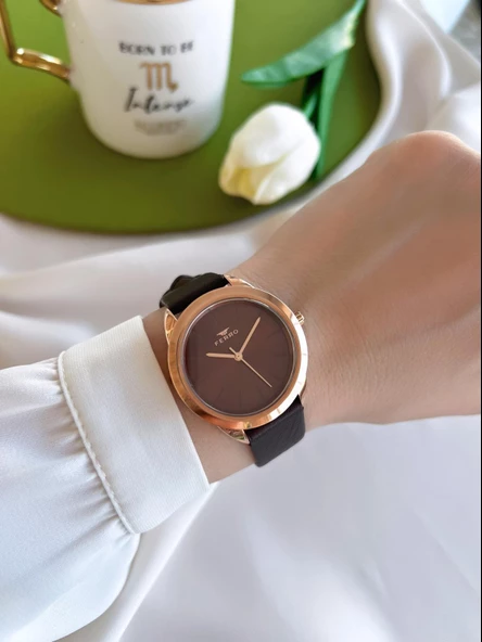 Ferro Deri Kordon İyon Kaplama Kasa 3 Atm Suya Dayanıklı Kadın Kol Saati+Bileklik BF001C1-R - 2