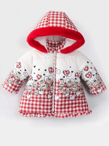 Yeni Bear Baskılı Fırfır Detaylı Varaklı İçi Kürklü Kapüşonlu Kışlık İçi Peluş Kız Bebek Mont Şişme - 6
