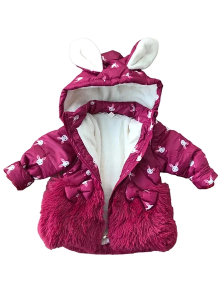 Trend Tavşan Detaylı Baskılı Fiyonk Kulaklı Fermuar Kapüşonlu Kışlık İçi Peluş Kız Bebek Mont Şişme - 7