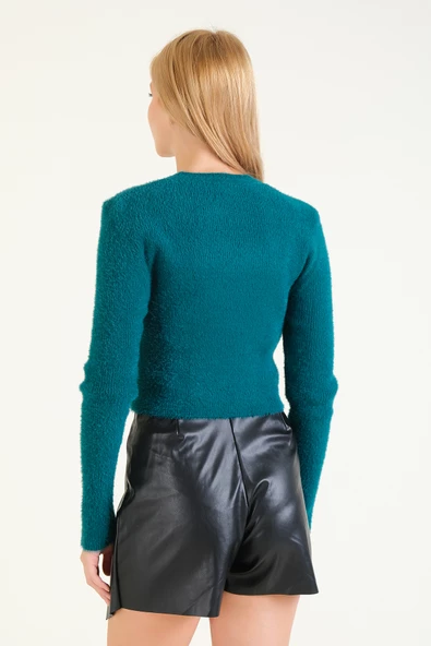 Kadın Sıfır Yaka Tüylü Crop Kazak Zümrüt - Resim 6