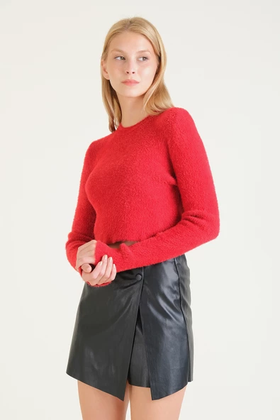 Kadın Sıfır Yaka Tüylü Crop Kazak Kırmızı - 3