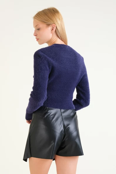Kadın Sıfır Yaka Tüylü Crop Kazak Lacivert - 6