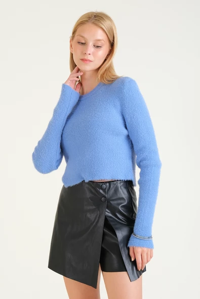 Kadın Sıfır Yaka Tüylü Crop Kazak Mavi - 2