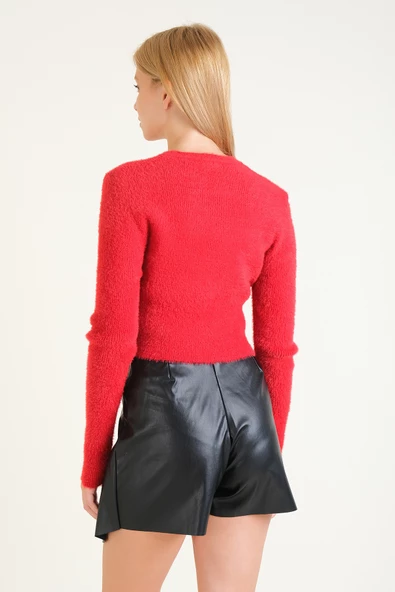Kadın Sıfır Yaka Tüylü Crop Kazak Kırmızı - 6