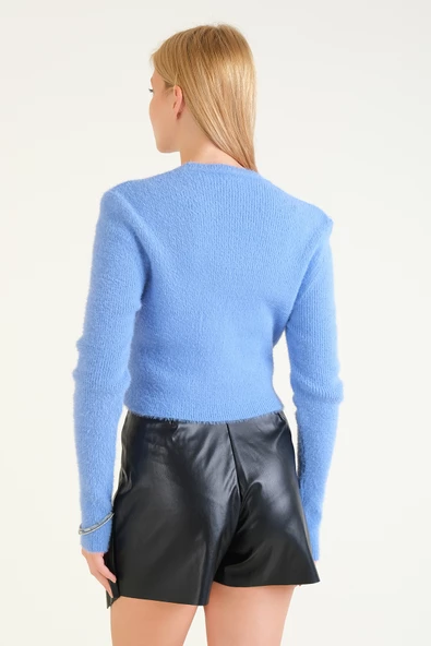 Kadın Sıfır Yaka Tüylü Crop Kazak Mavi - 6