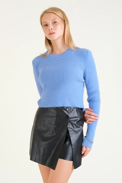 Kadın Sıfır Yaka Tüylü Crop Kazak Mavi - 4