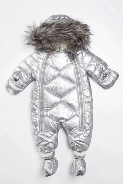 Varaklı Kapüşonlu İçi Kürklü Eldivenli Kapüşonlu Kışlık Çocuk Kız Bebek Astronot Tulum Kozmonot Mont - 2