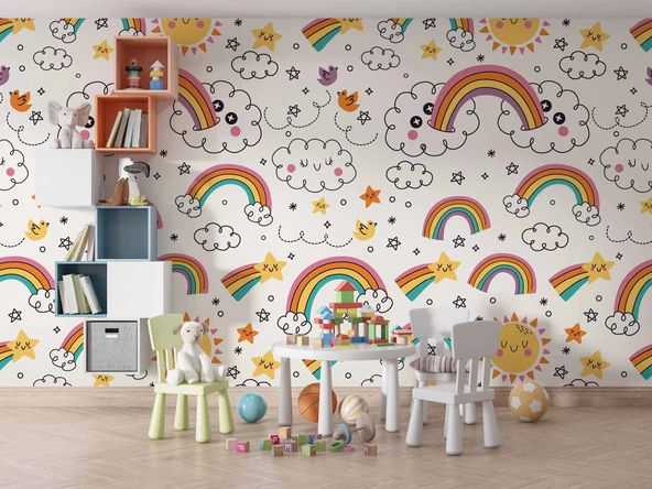 Bulut-Gökkuşağı Temalı Duvar Kağıdı Baskı - Resim 5